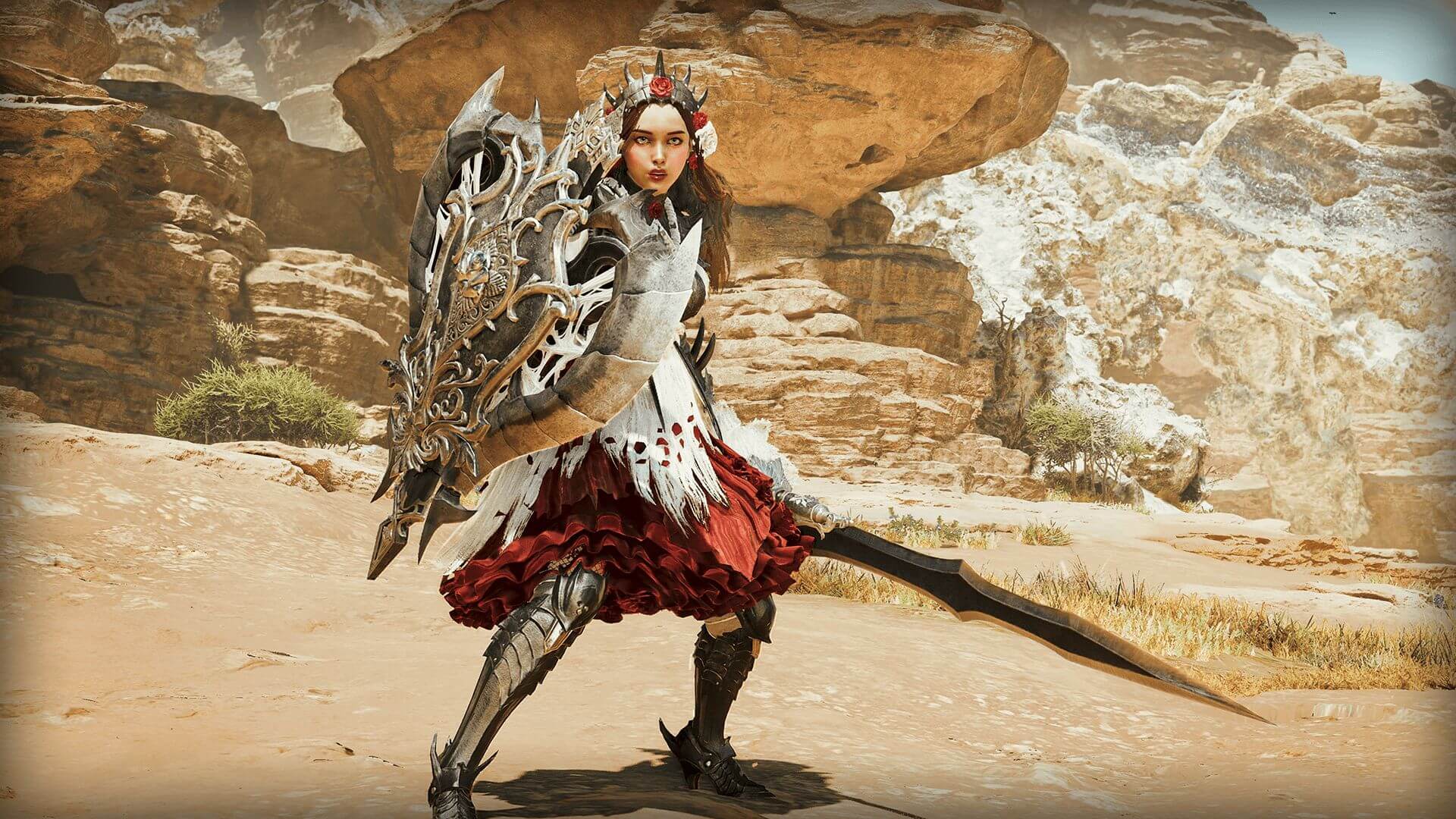 A woman holding a shield and a sword in Monster Hunter Wilds